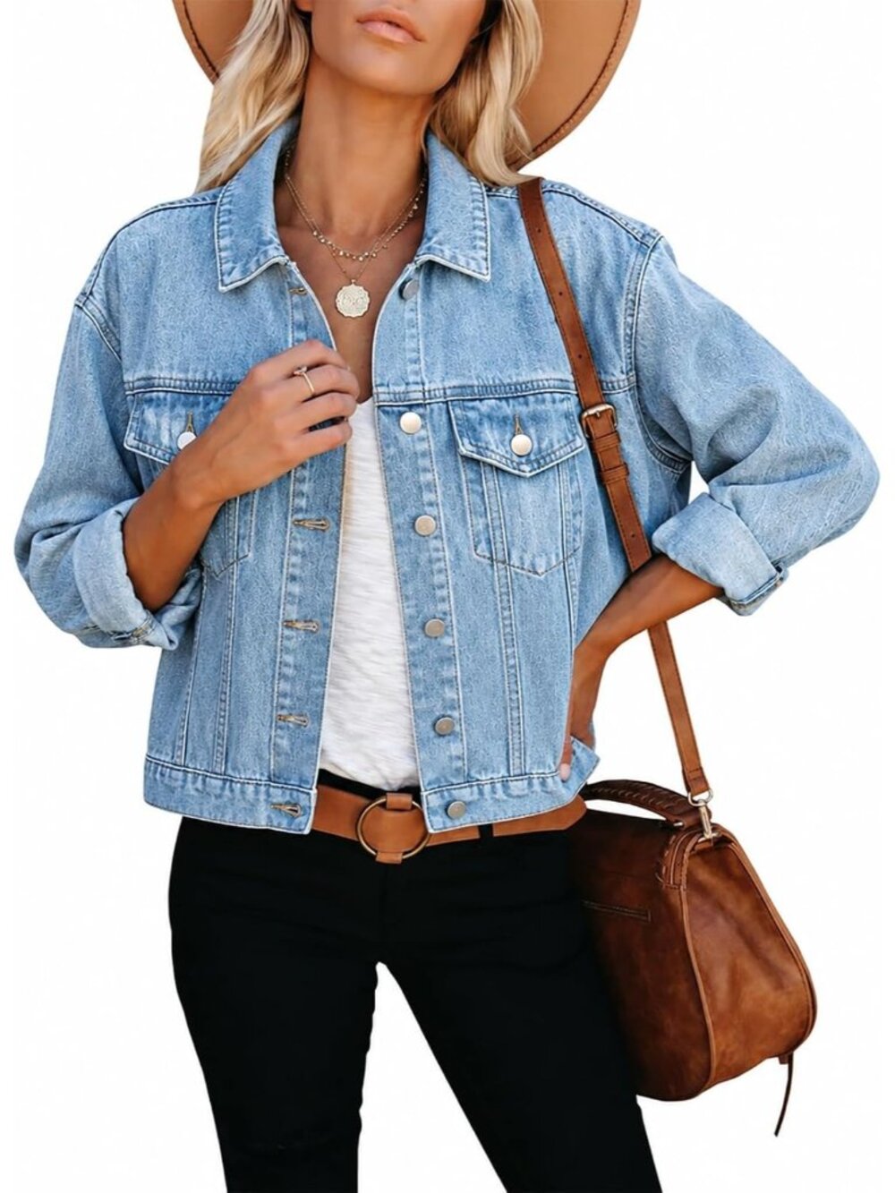 Women’s Blue Light Washed Button Down Cropped Frayed Stretch Shacket Jean Jacket